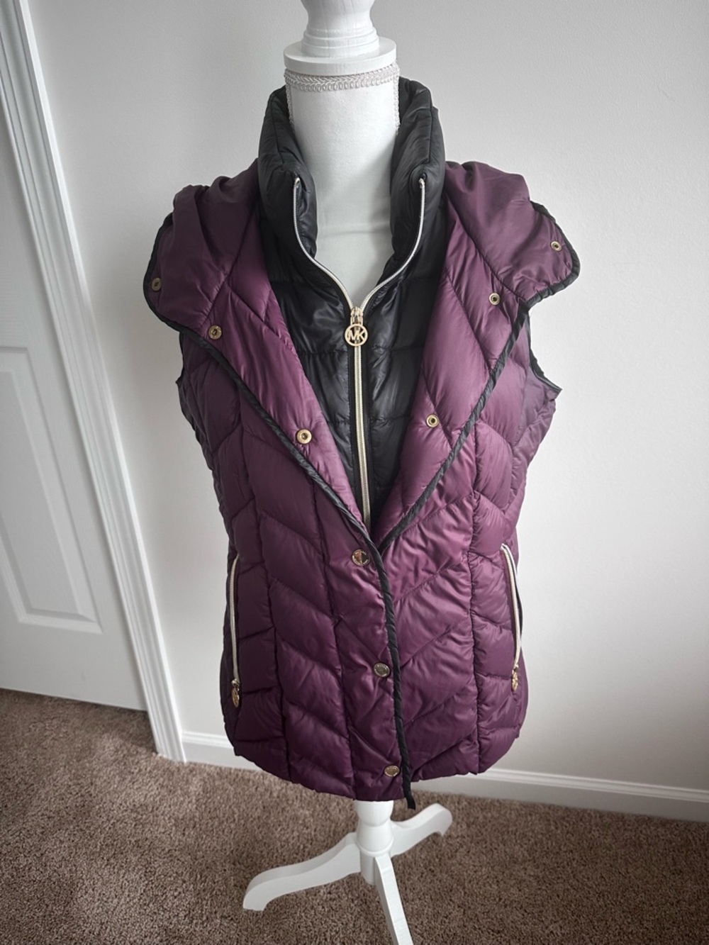 Michael Kors Plum and Black Quilted Hooded Puffer Vest